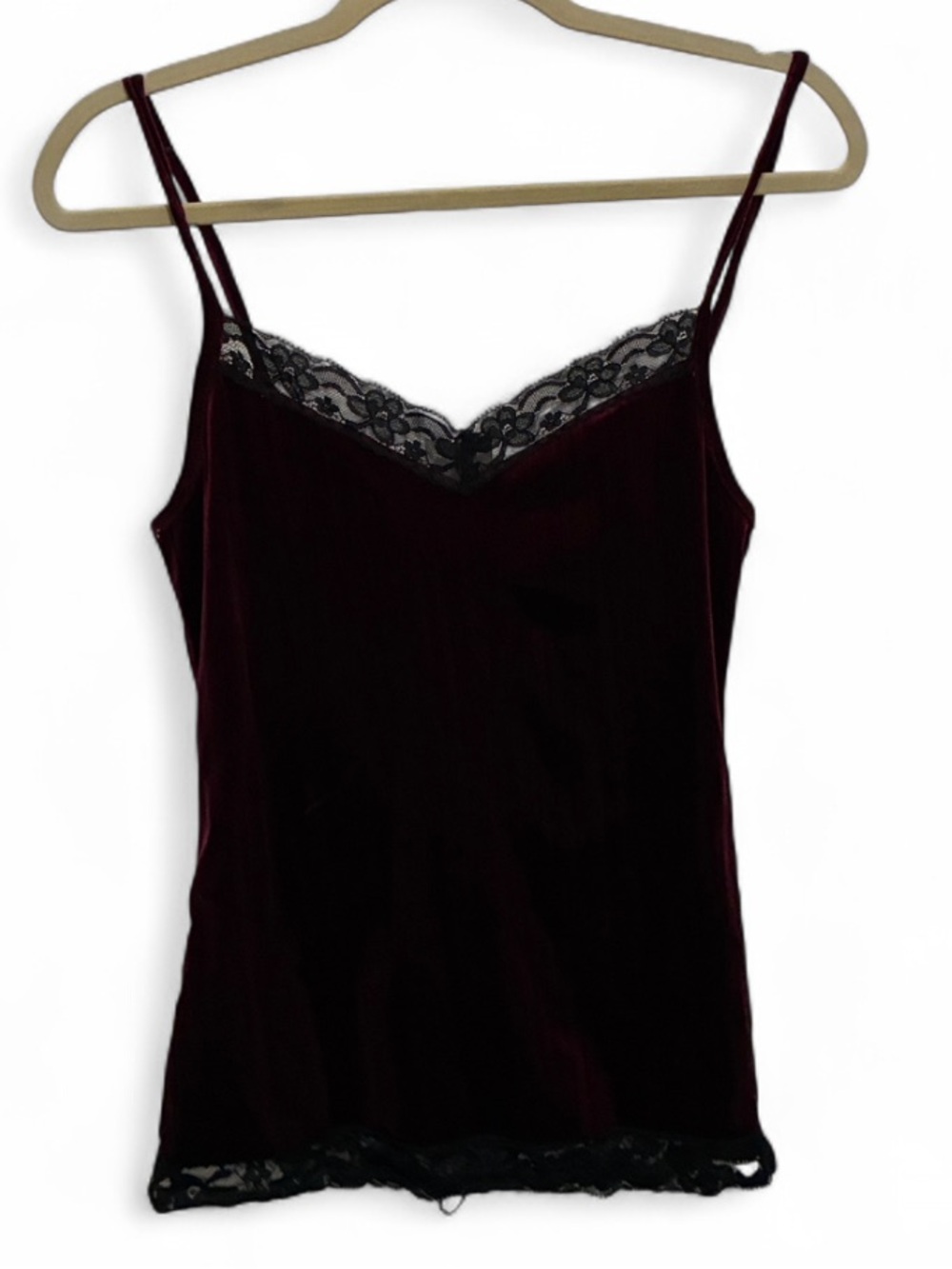 No Boundaries Burgundy Velvet Black Lace Trim Cami Tank Top